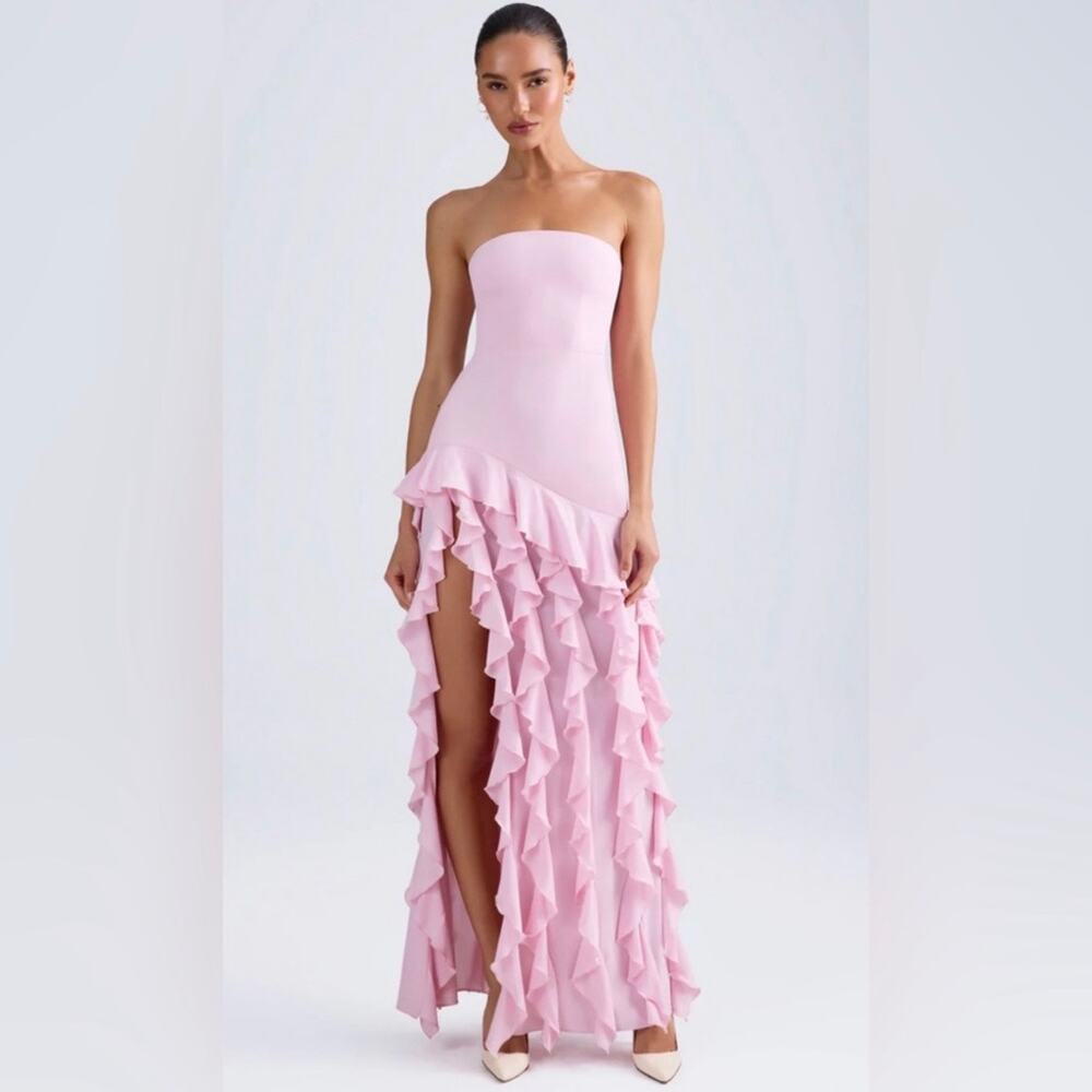 Oh Polly Diletta Ruffle Trim Strapless Gown Light Pink Maxi Dress size 2 New